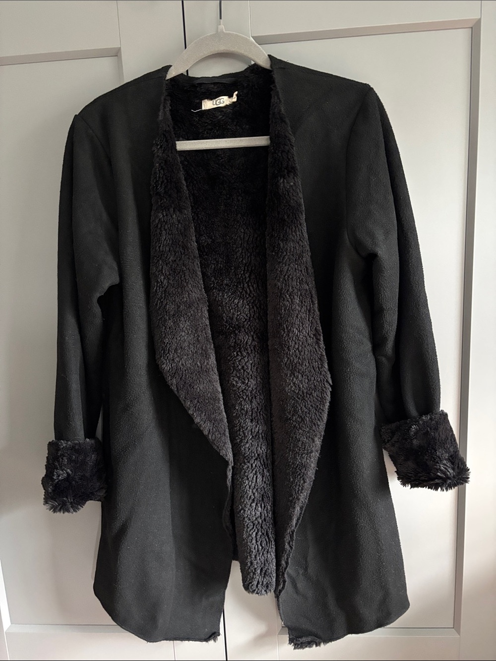 UGG Black Open-Front Teddy Jacket with Faux-Fur Trim